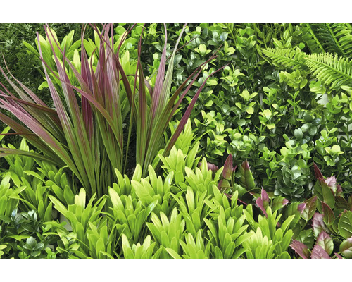 Künstliche Pflanzenwand mit Farnen und Blättern