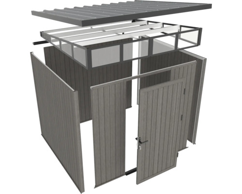 Explosionsdarstellung eines Gartenhauses mit Türen, Wänden und Dach