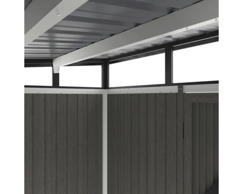 Vue détaillée d'un abri de jardin avec toit et mur en bois