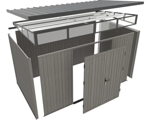 Schéma éclaté d'une remise de jardin montrant les différents composants