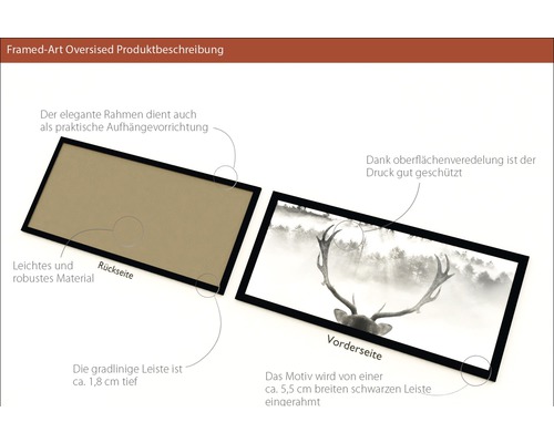 Produktbeschreibung für gerahmtes Bild mit Hirschmotiv und schwarzem Rahmen.
