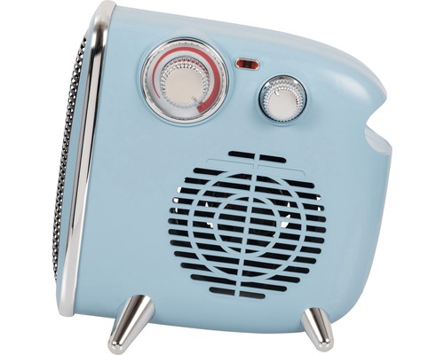 Blauer Heizlüfter mit Reglern und Füssen