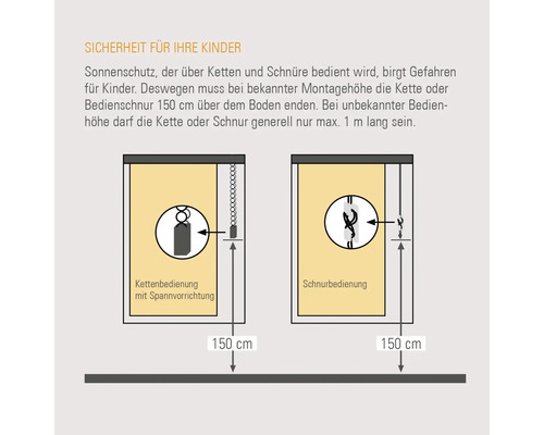 Illustration zur Kindersicherheit bei Sonnenschutzprodukten mit Ketten- und Schnurbedienung, die eine Montagehöhe von 150 cm über dem Boden empfiehlt