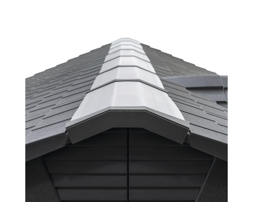 Vue détaillée du faîte du toit d'une cabane de jardin