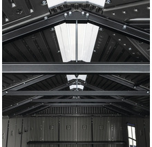 Vue intérieure d'un abri de jardin avec structure de toit et étagères