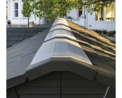 Gros plan d'un toit de cabanon de jardin avec des bardeaux et une fenêtre de toit