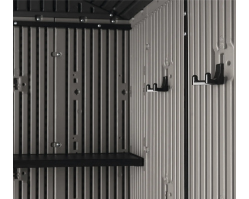 Vue intérieure d'un abri de jardin avec étagère et crochets