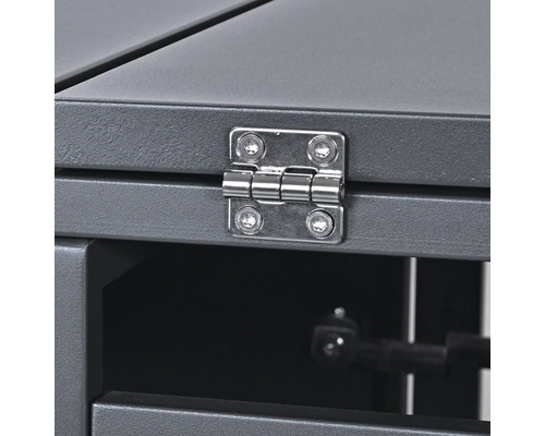 Gros plan d'une charnière sur un meuble gris