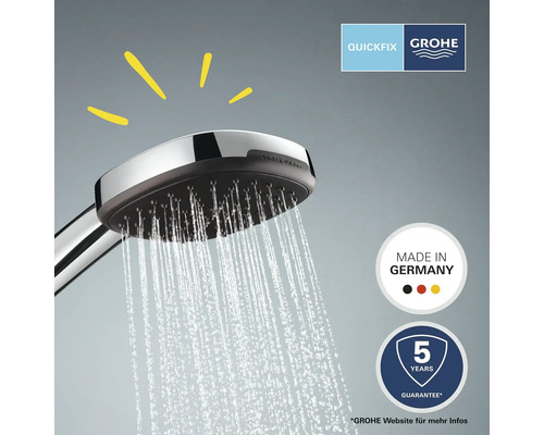 Grohe Handbrause mit Wasserstrahl. QuickFix. Hergestellt in Deutschland. Fünf Jahre Garantie.