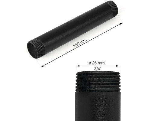 Schwarzes Rohrnippel mit den Maßen 150 mm Länge und 25 mm Durchmesser