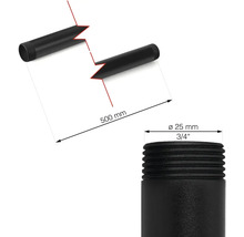 Image d'un tube fileté noir mesurant 500 mm de long et 25 mm de diamètre