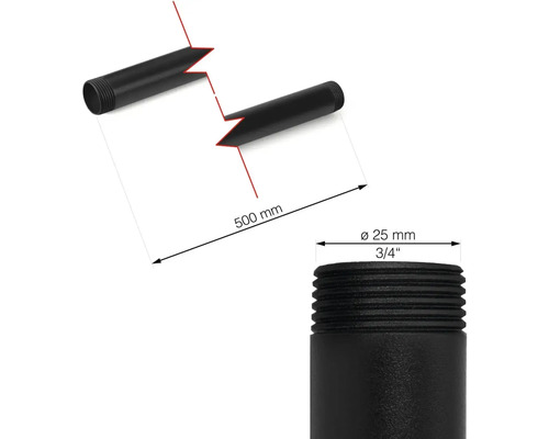 Image d'un tube fileté noir mesurant 500 mm de long et 25 mm de diamètre