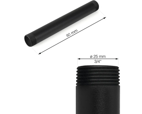 Image d'un tube fileté noir mesurant 80 mm de long et 25 mm de diamètre.