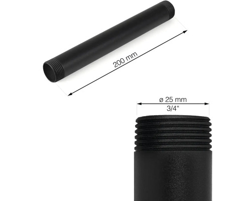 Tuyau noir de 200 mm de long avec un diamètre de 25 mm et fileté aux deux extrémités