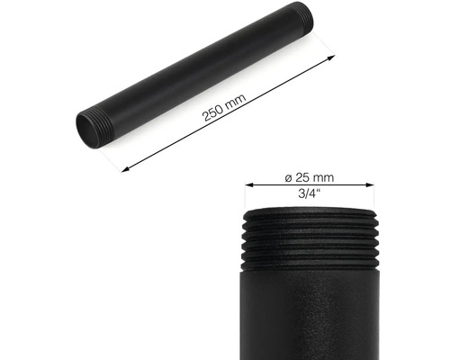 Tuyau métallique fileté, longueur 250 mm, diamètre 25 mm