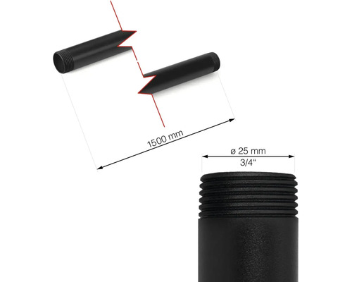 Abbildung einer Rohrverlängerung mit den Maßen 1500 mm Länge und 25 mm Durchmesser