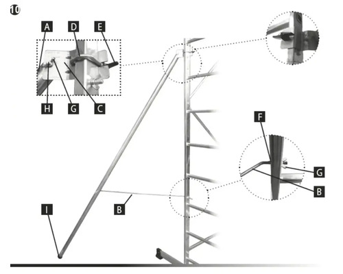 Vue détaillée d'un échafaudage avec différents composants identifiés par des lettres