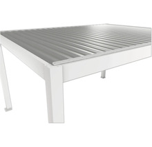 Detailansicht eines Pavillons mit Metalldach und weissem Rahmen