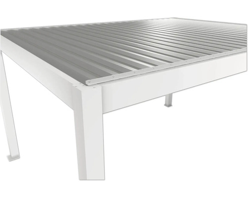 Detailansicht eines Pavillons mit Metalldach und weissem Rahmen