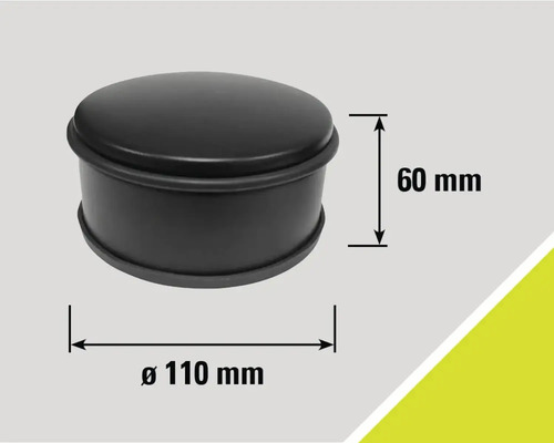 Butoir de porte noir avec un diamètre de 110 millimètres et une hauteur de 60 millimètres.
