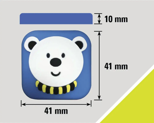 Abmessungen eines Möbelknopfs mit Bär-Motiv: 41 mm x 41 mm, Dicke 10 mm