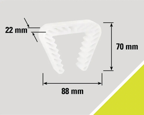 Clip de fixation avec des dimensions de 22 mm, 70 mm et 88 mm.