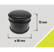 Butoir de porte noir mesurant 75 mm de haut et 90 mm de diamètre.