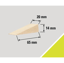 Coin en bois avec des dimensions de 65 mm de long, 20 mm de large et 14 mm de haut