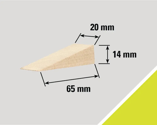 Coin en bois avec des dimensions de 65 mm de long, 20 mm de large et 14 mm de haut