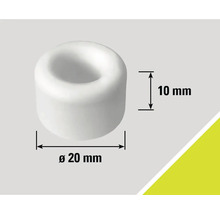 Butée de porte blanche mesurant 20 mm de diamètre et 10 mm de hauteur.