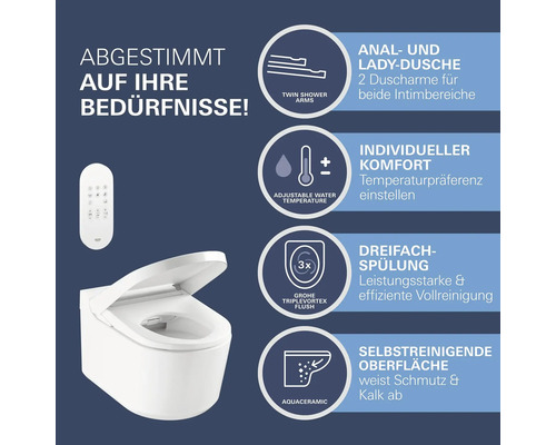 Dusch-WC mit Fernbedienung und verschiedenen Funktionen wie zum Beispiel Twin Shower Arms, einstellbare Wassertemperatur, Dreifach-Spülung und selbstreinigende Oberfläche