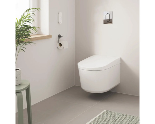 Salle de bains moderne avec WC suspendu, porte-papier toilette et plante d'intérieur