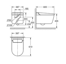 Schéma technique d'un WC suspendu avec dimensions