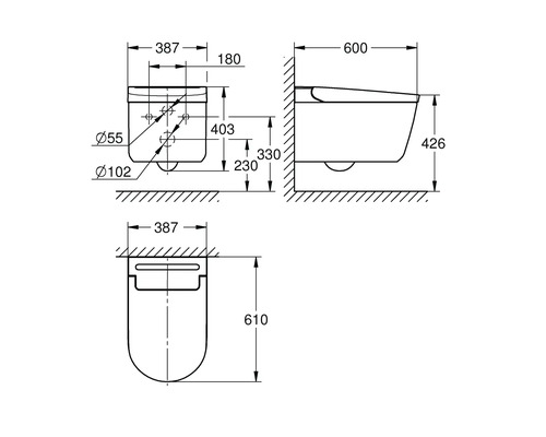Schéma technique d'un WC suspendu avec dimensions