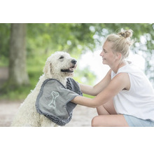 Frau trocknet Hund mit Hundetuch