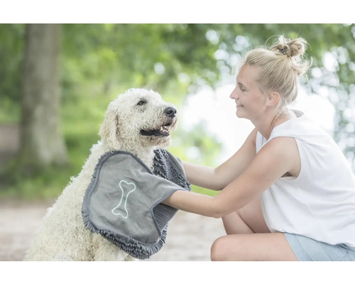Frau trocknet Hund mit Hundetuch