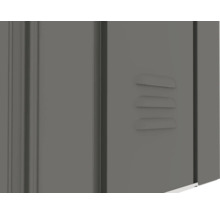 Vue détaillée d'une armoire métallique grise avec des fentes d'aération