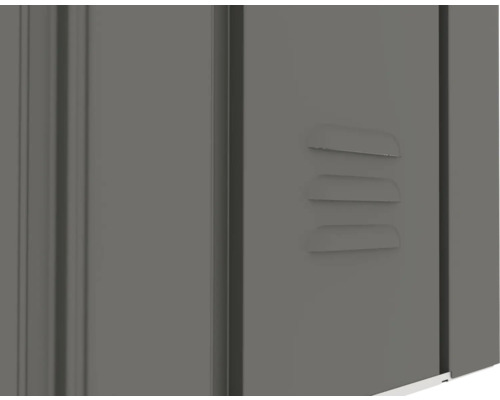 Vue détaillée d'une armoire métallique grise avec des fentes d'aération