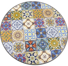 Runde Tischplatte mit Mosaikmuster aus quadratischen Fliesen
