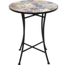 Runder Stehtisch mit Mosaikmuster auf der Tischplatte und einem Gestell aus Metall.