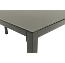 Detailansicht eines Gartentisches mit Glasplatte und Metallgestell.