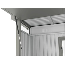 Vue détaillée d'un coffre de jardin en métal avec mécanisme d'ouverture