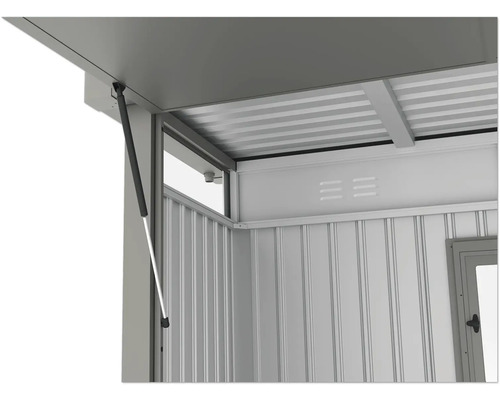 Vue détaillée d'un coffre de jardin en métal avec mécanisme d'ouverture