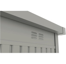 Vue détaillée d'un coffre de jardin en métal avec fentes d'aération