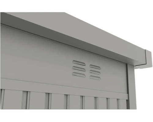 Vue détaillée d'un coffre de jardin en métal avec fentes d'aération