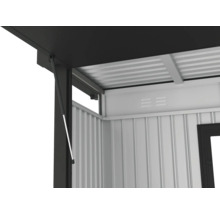 Vue détaillée d'une tonnelle de jardin avec fenêtre ouverte et ressort à gaz