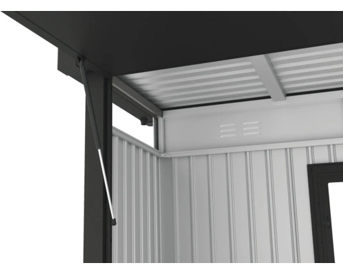 Vue détaillée d'une tonnelle de jardin avec fenêtre ouverte et ressort à gaz