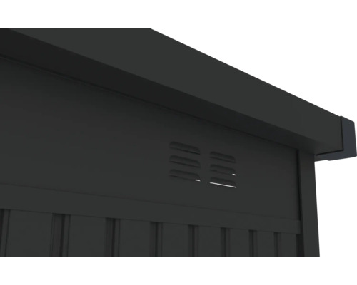 Vue détaillée d'un abri de jardin avec fentes de ventilation