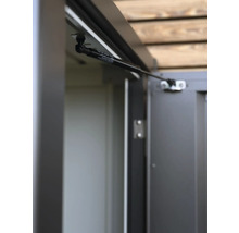 Detailansicht einer geöffneten Gartenschranktür mit Gasdruckfeder