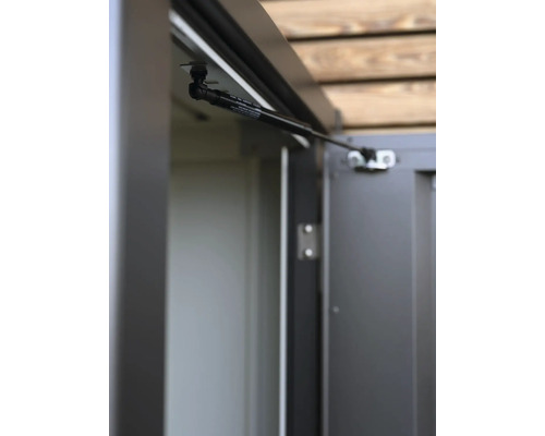 Detailansicht einer Tür mit Gasdruckfeder für eine Gerätebox